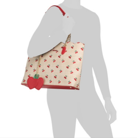 Betsey Johnson Embossed Cherry Hearts Straw Tote Bag - Picture 2 of 4